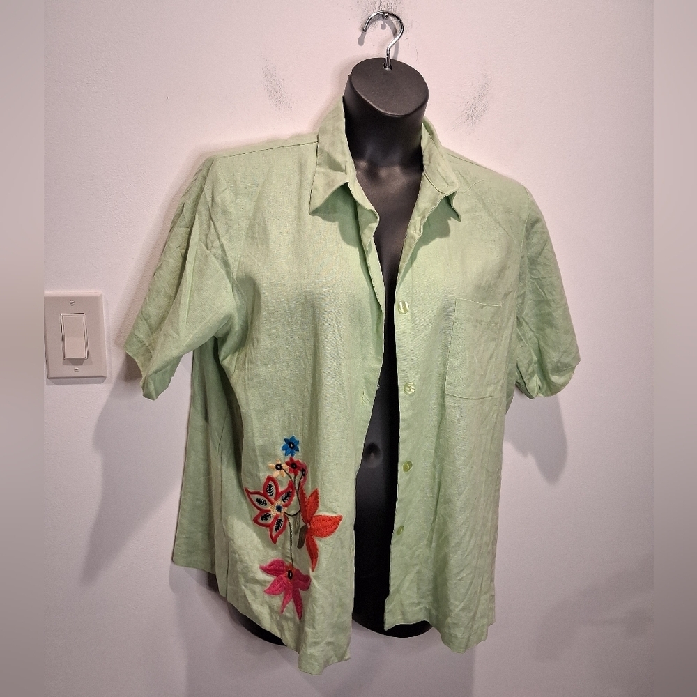 Vintage A.K.G Size 2x Green Linen Blend Embroidered Floral Cardigan